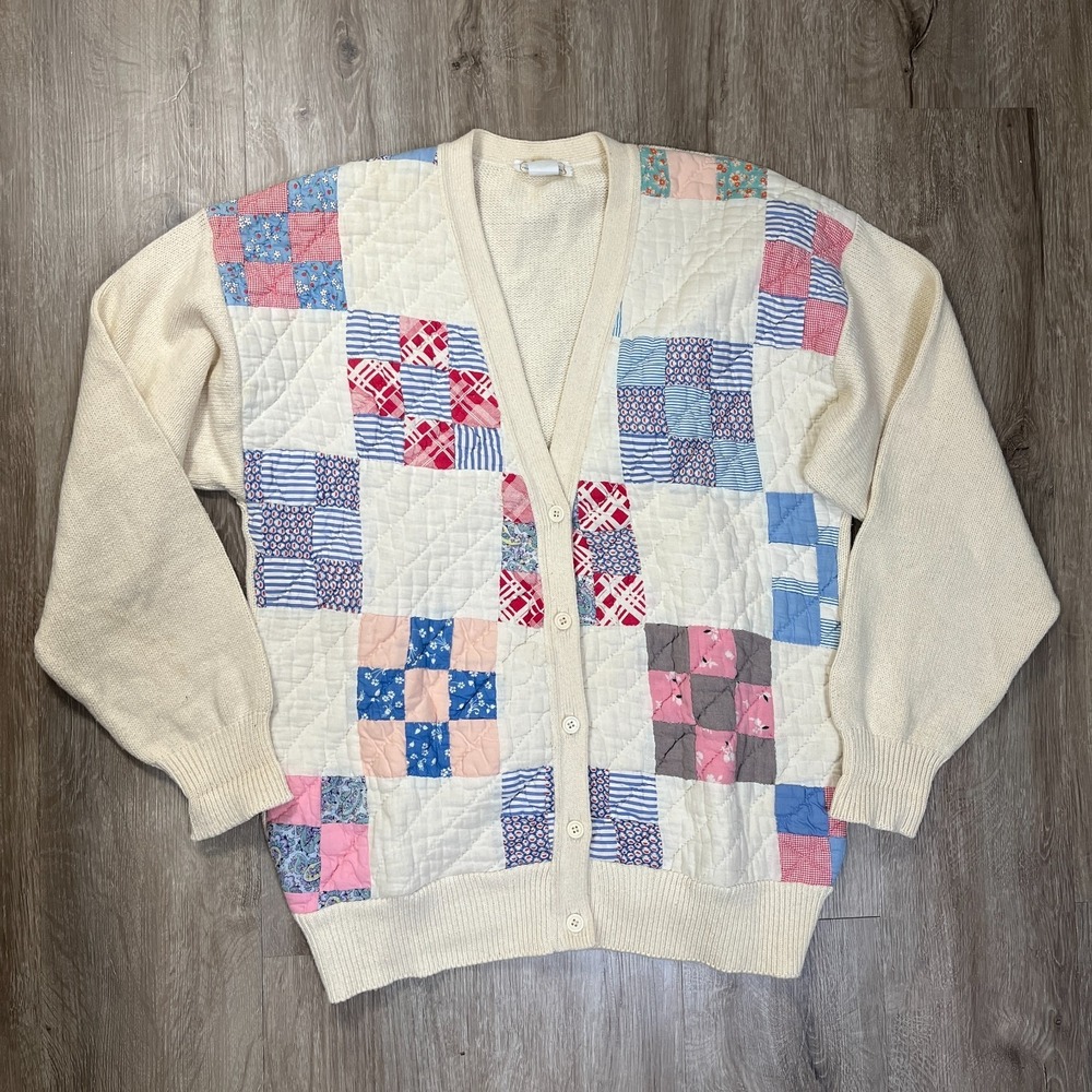 K.A.S. Originals Patchfork Knit Cotton Cardigan Handmade Sweater USA Size S-M